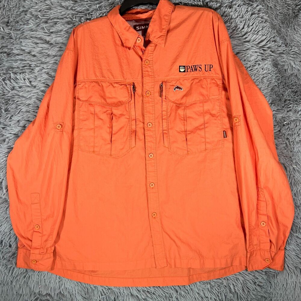 Simms Adult Shirt Extra Large Orange Button Up Fishing Vented Outdoor Mens